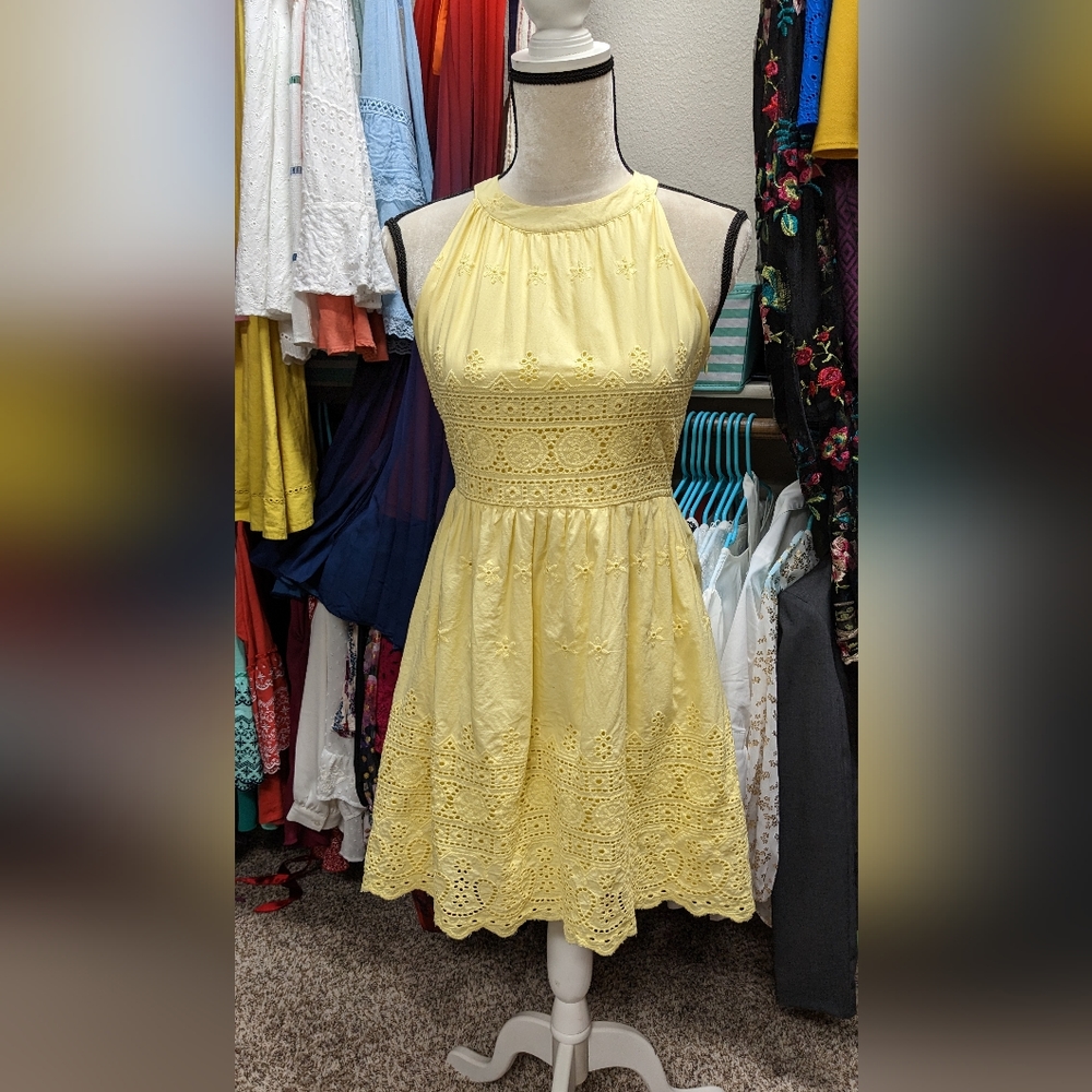 Altar'd State M Pastel Yellow Mini Halter Dress Crochet details